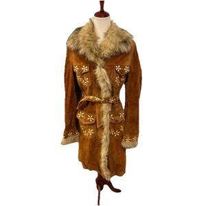 Penny Lane Leather Coat Sz S Brown Suede Faux Fur Boho Floral Jacket VTG Y2K